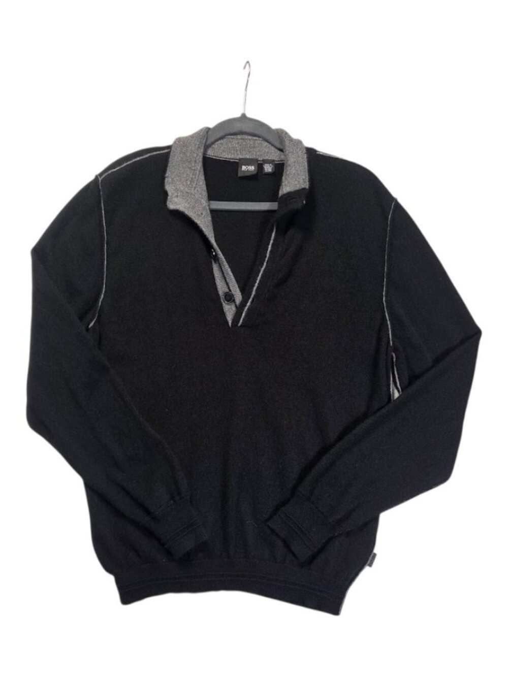 HUGO BOSS 100% Cashmere Mens Button Polo Sweater Black Grey Contrast Stitch, M